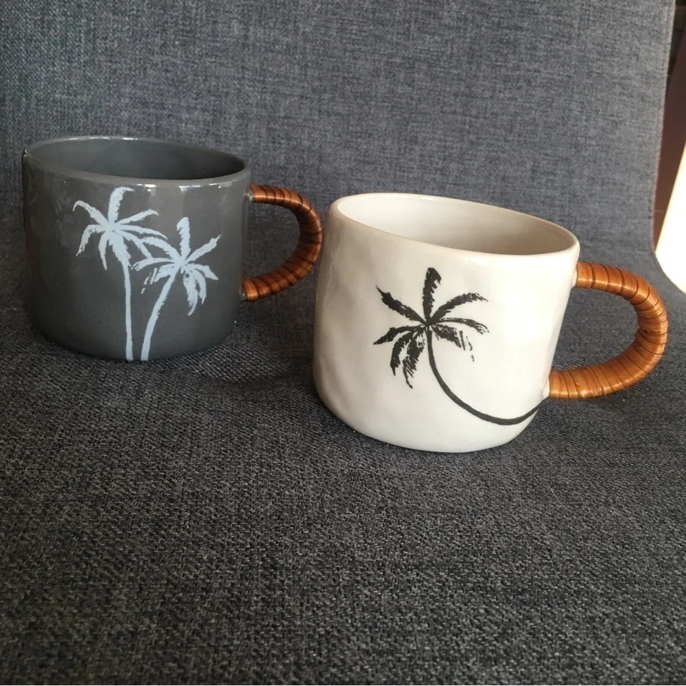 HOST PICK! Set/2 Palm Trees Coffee Mugs, Gray, Ivory, 8 oz